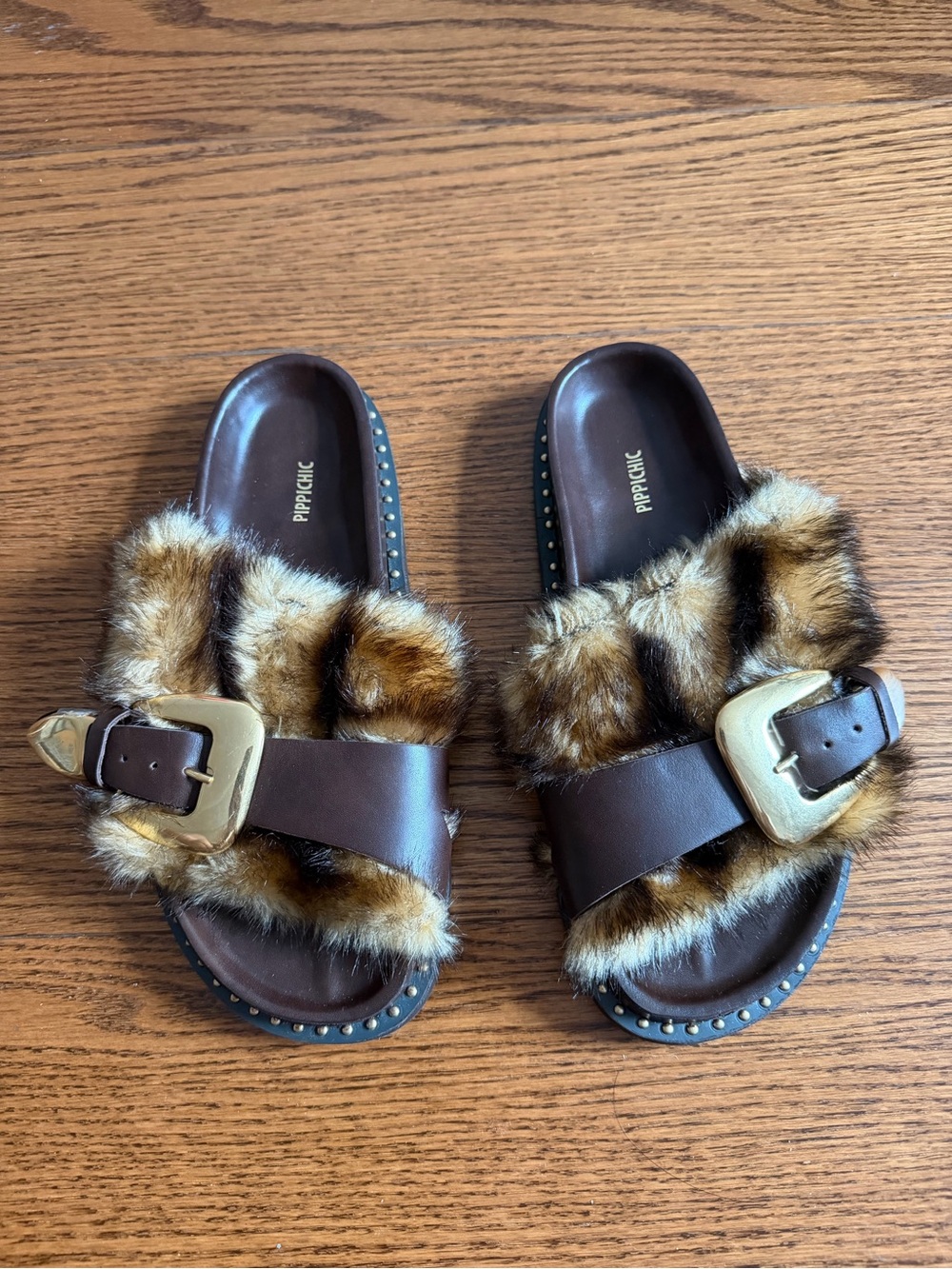 Pippichic Women Brown Faux Fur Buckle Slides